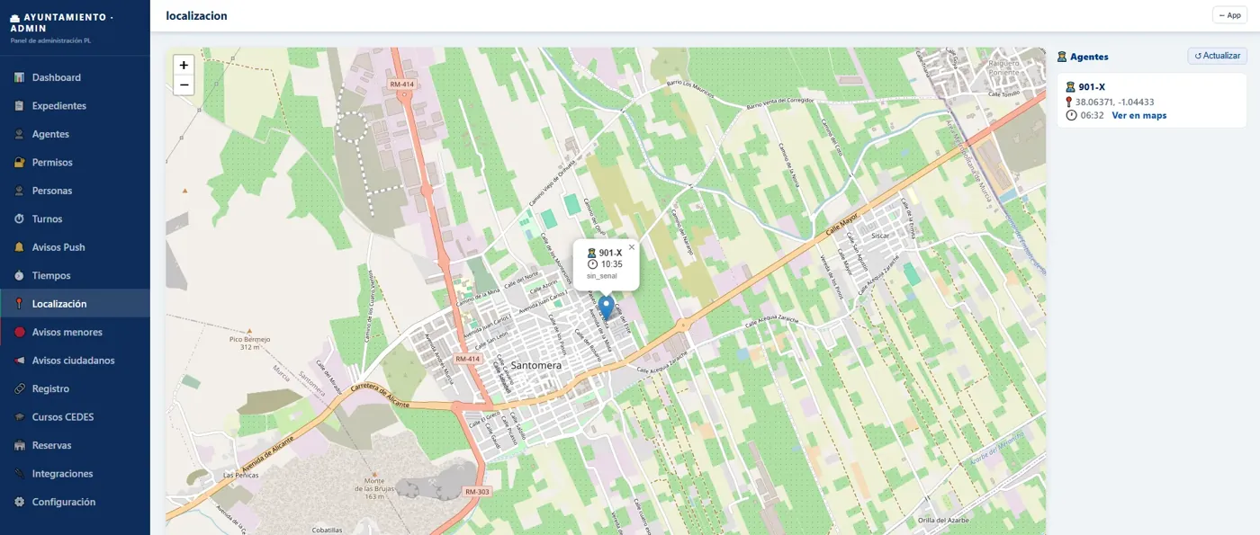 Mapa de localización de agentes en el panel de mando